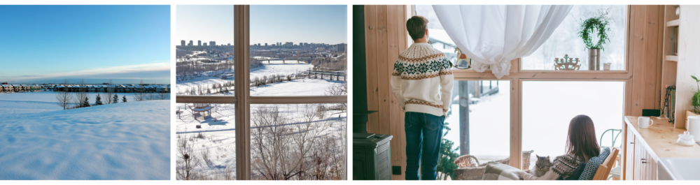 A serene winter landscape in Edmonton, Alberta, features a blanket of white snow covering the ground.
View through an old wooden window, a vertical view reveals the river valley, with high-rises in the background and snow-covered triangular conservatories in the foreground.
Inside their living room, a young couple bundled in thick sweaters gazes out at the picturesque winter scene.