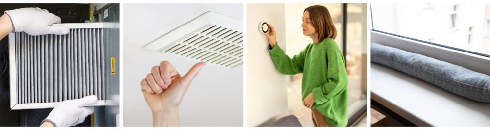 Replacing a dirty filter in the central ventilation system of a rotary heat exchanger recuperator.Close-up of clean vent cover with a hand giving a thumbs-up.Female homeowner adjusting temperature using a smart thermostat mounted on the wall.Close-up of a draft excluder under a window blocking cold air from entering.