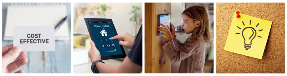 A male hand holds a card reading "Cost Effective," highlighting how a smart thermostat enhances comfort, boosts energy efficiency, and lowers utility bills.Hands holding a smart tablet with a home automation app appear against the blurred backdrop of a cozy living room, showcasing seamless smart home integration.A young girl checks a smart thermostat, reflecting the efficiency and sustainability of modern home heating technology.A sticky note with a hand-drawn lightbulb symbolizes the smart thermostat's added benefits, such as maintenance scheduling reminders.