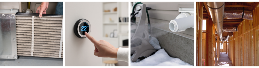 Replacing a dirty old air filter in the HVAC furnace system in a home basement.
A close-up of a woman adjusting the thermostat as part of her smart home system indoors.
A furnace exhaust pipe releases steam outdoors in the cold winter air.
Ductwork in the hallway of a wooden-framed construction project demonstrates that even if the furnace is functioning properly, leaks in the ductwork can allow cold air to circulate throughout the home.