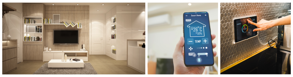 A modern living room embodying the concept of home comforts, optimized for peak performance and efficiency.Close-up of a woman using a smart home app to adjust the home's temperature.
A sleek, wall-mounted smart home control screen with a contemporary, seamless design.