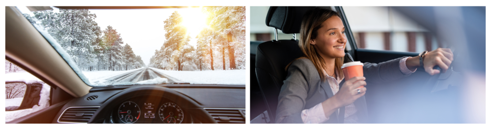 Sunny skies over a winter road in Alberta, with icy conditions ahead. The scene is viewed from inside a car that feels warm and comfortable.A young and energetic businesswoman drives to work in the morning, holding a takeaway coffee.