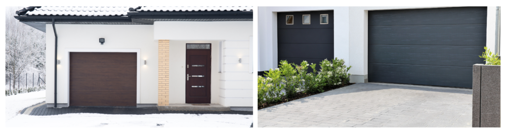 Winter exterior of a house with snow covering the roof and surrounding the garage.Adjacent image shows a residential area in summer, with sunlight shining on two modern double garage doors.The comparison highlights the importance of maintaining a warm garage in winter, just as it is in summer.